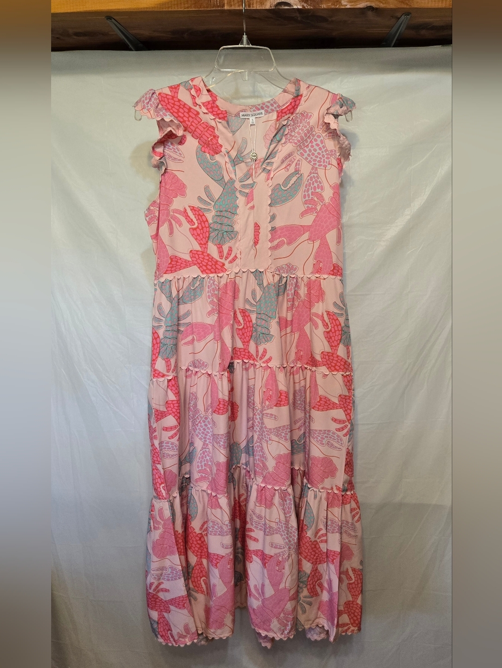 Mary Square Pink Lobster Print Tiered Maxi Dress